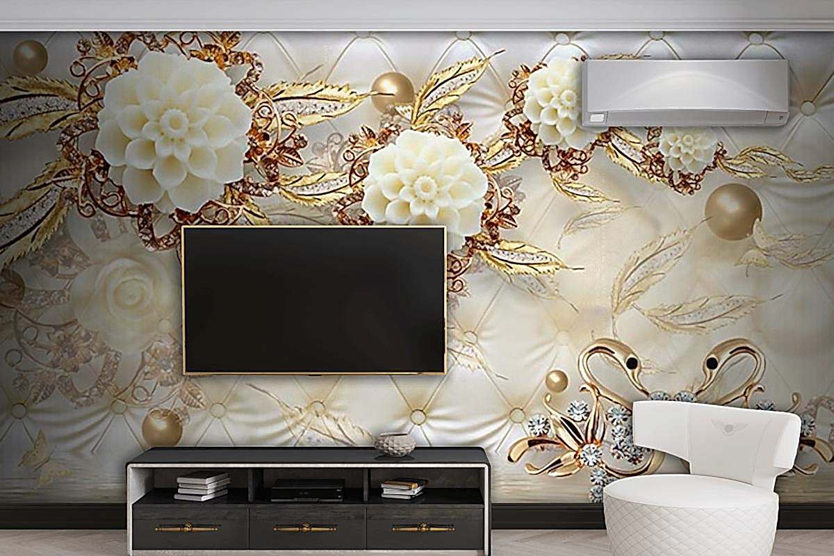  3 Boyutlu Tv Arkası Gold Çiçekler