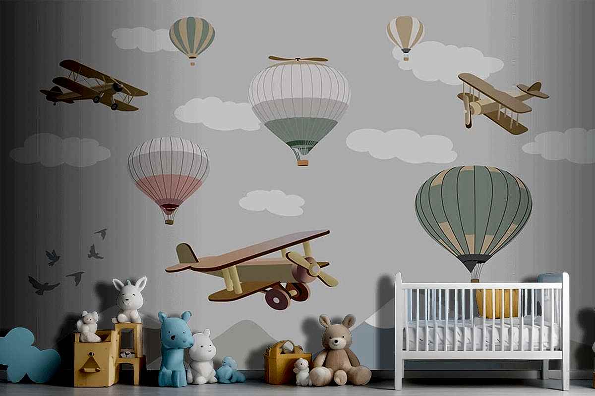 Çocuk Odası Duvar Kağıdı Bulutlar Üzerinde Uçaklar Ve Uçan Balonlar