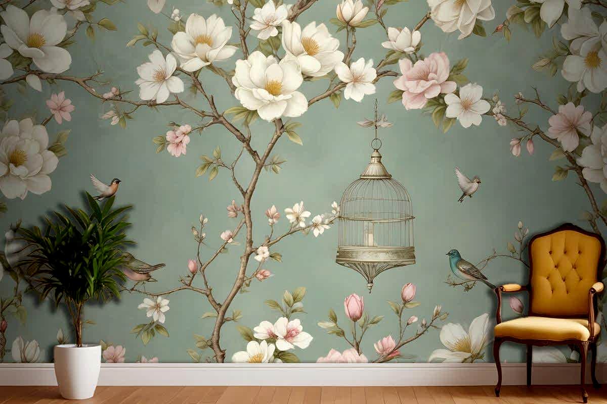 Dallar, Çiçekler Ve Kuşlar Ile İngiliz Country Tarzı Duvar Kağıdı