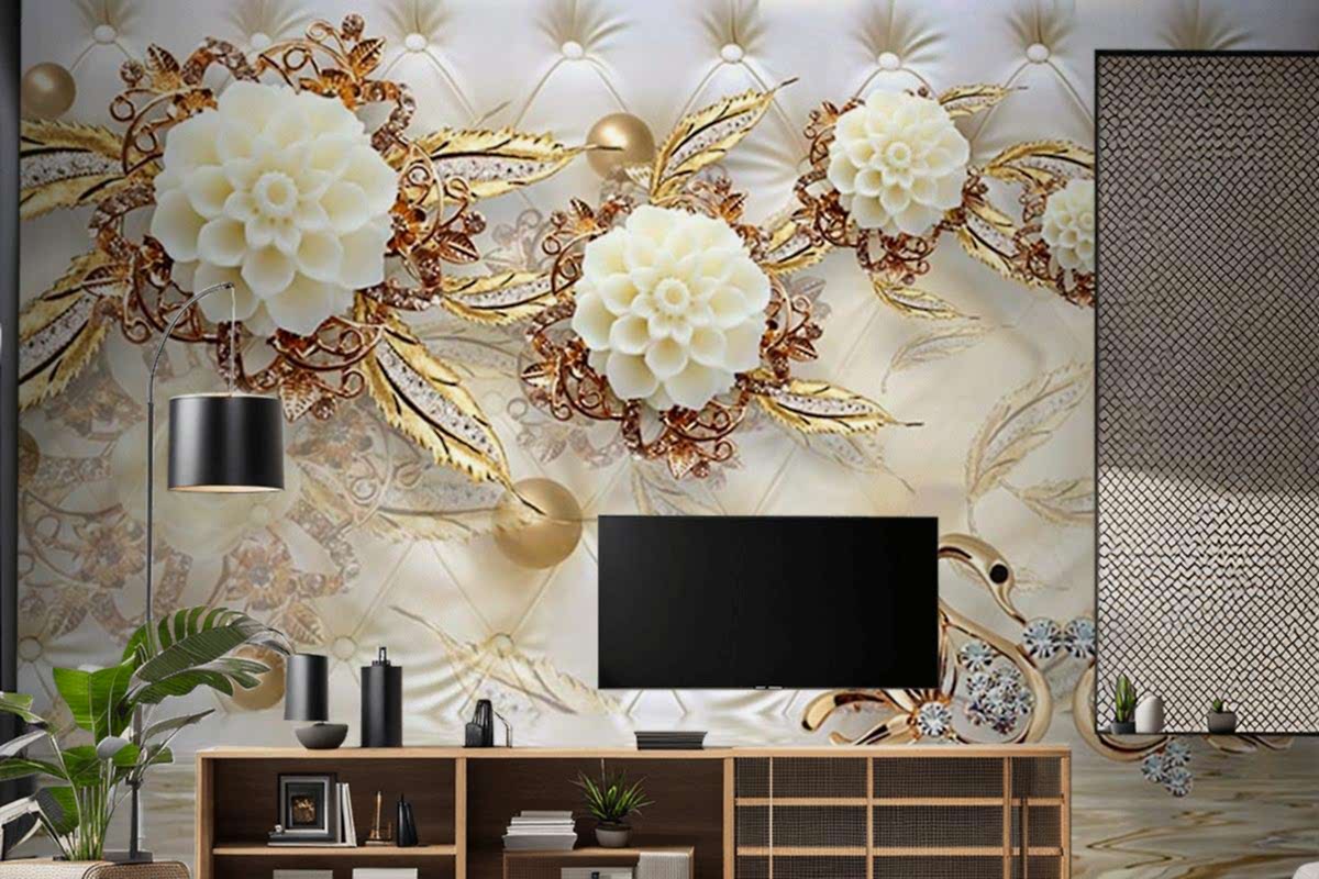  3 Boyutlu Tv Arkası Gold Çiçekler
