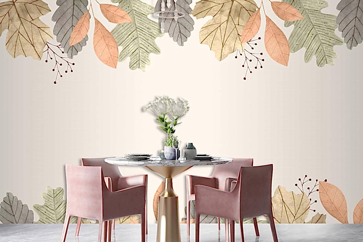 Suluboya Sonbahar Yaprakları Arka Plan Yemek Odası Duvar Kağıdı