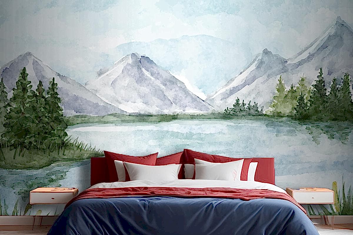 Suluboya Göl Manzarası Yatak Odası Duvar Kağıdı