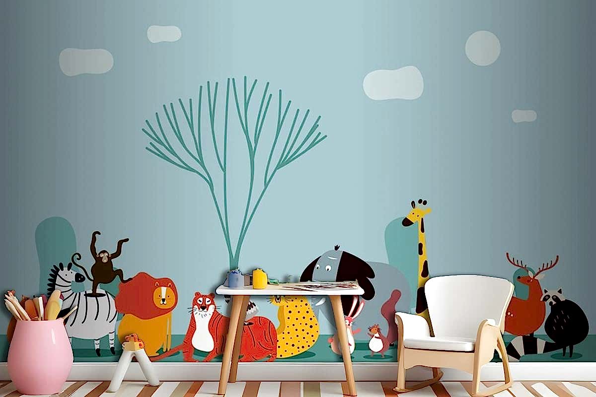 Vahşi Hayvanların Sevimli Grubu Çocuk Odası Duvar Kağıdı