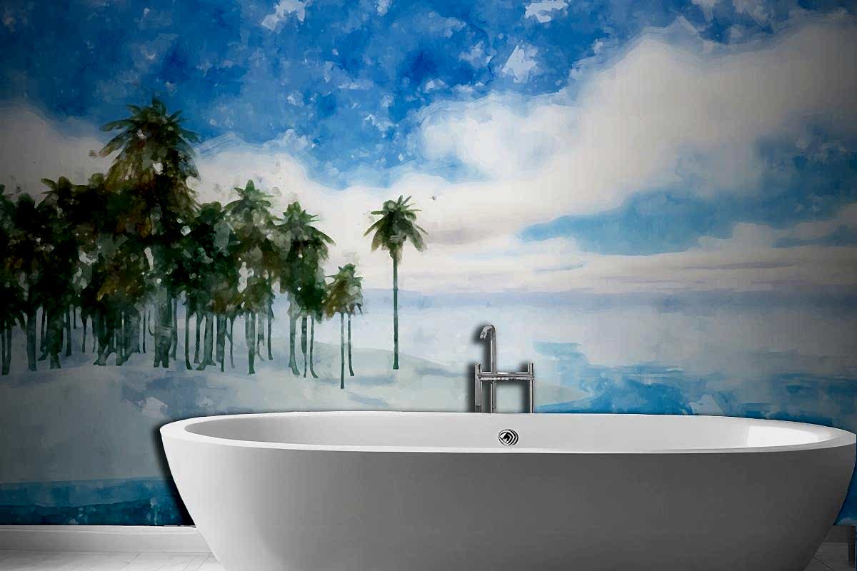 Suluboya Yaz Tropikal Arka Plan Banyo Duvar Kağıdı