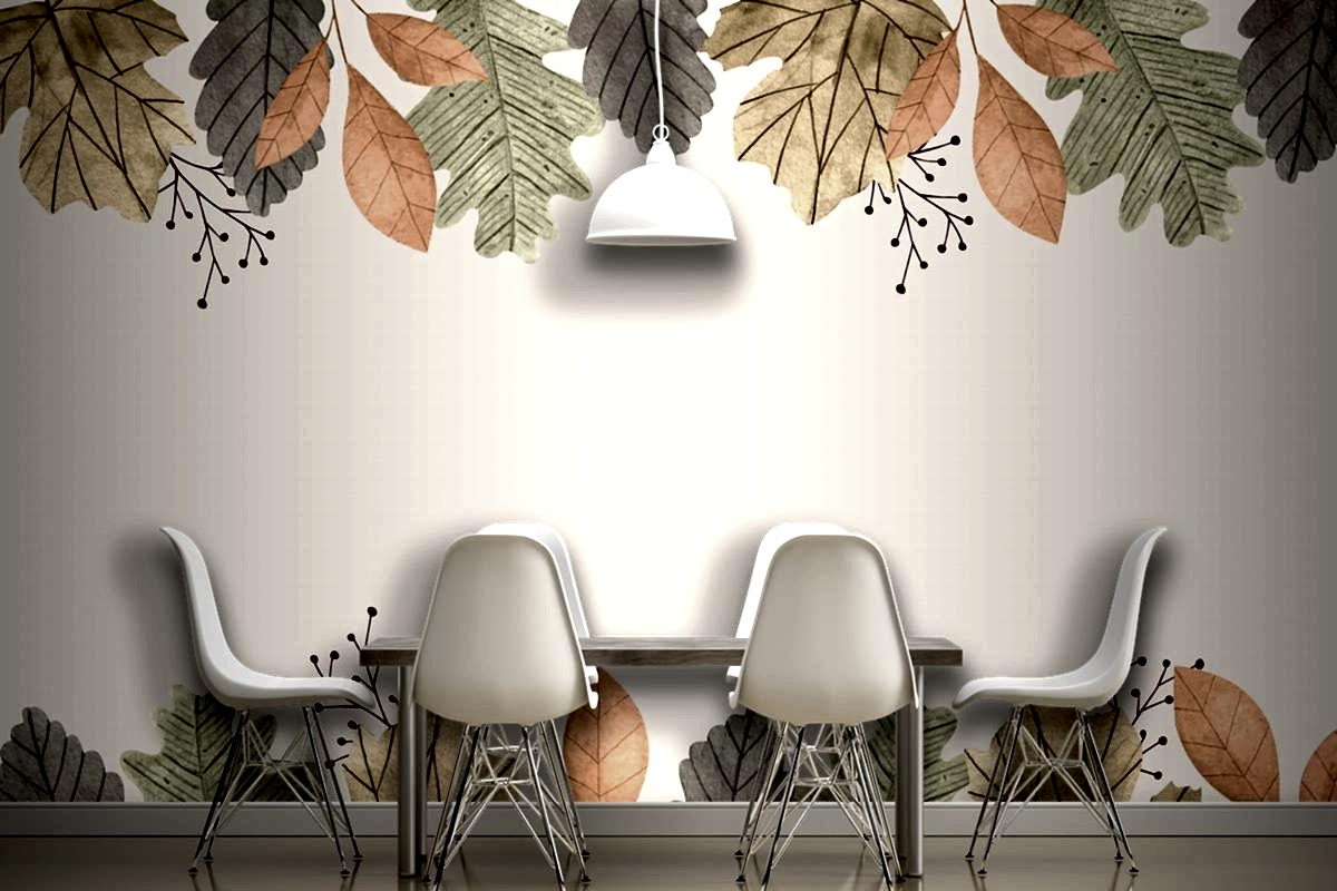 Suluboya Sonbahar Yaprakları Arka Plan Yemek Odası Duvar Kağıdı