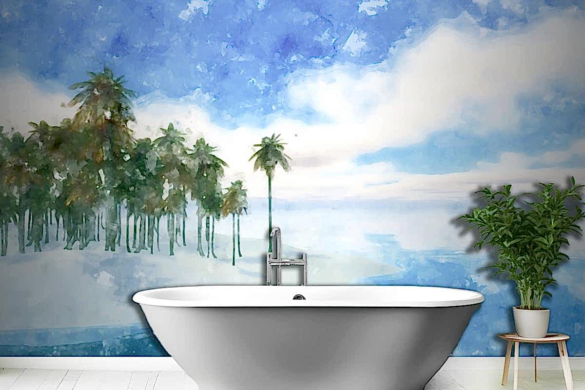 Suluboya Yaz Tropikal Arka Plan Banyo Duvar Kağıdı