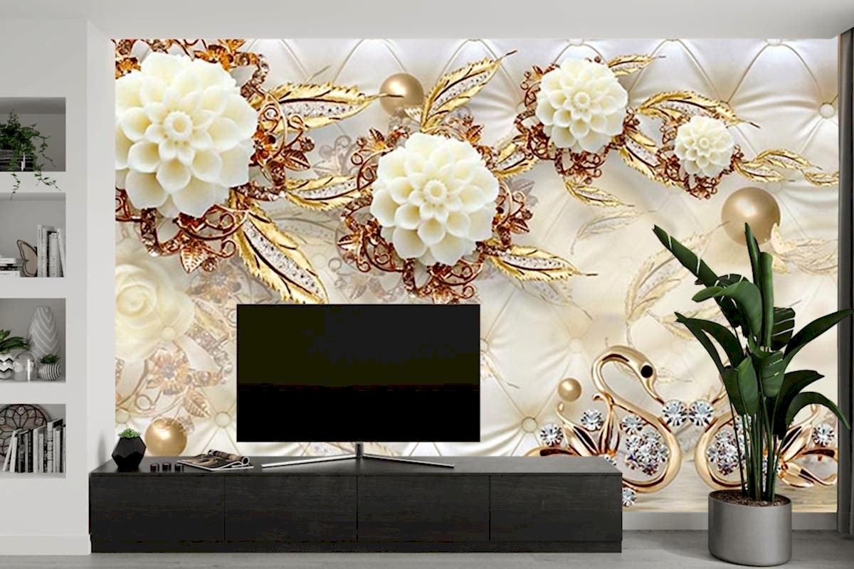  3 Boyutlu Tv Arkası Gold Çiçekler