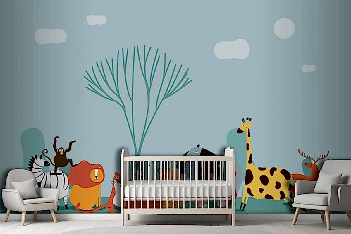 Vahşi Hayvanların Sevimli Grubu Çocuk Odası Duvar Kağıdı