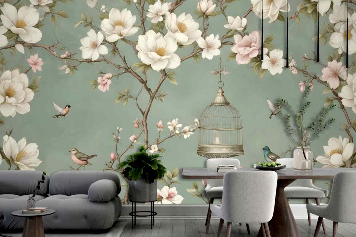 Dallar, Çiçekler Ve Kuşlar Ile İngiliz Country Tarzı Duvar Kağıdı