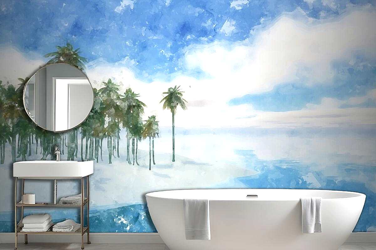 Suluboya Yaz Tropikal Arka Plan Banyo Duvar Kağıdı