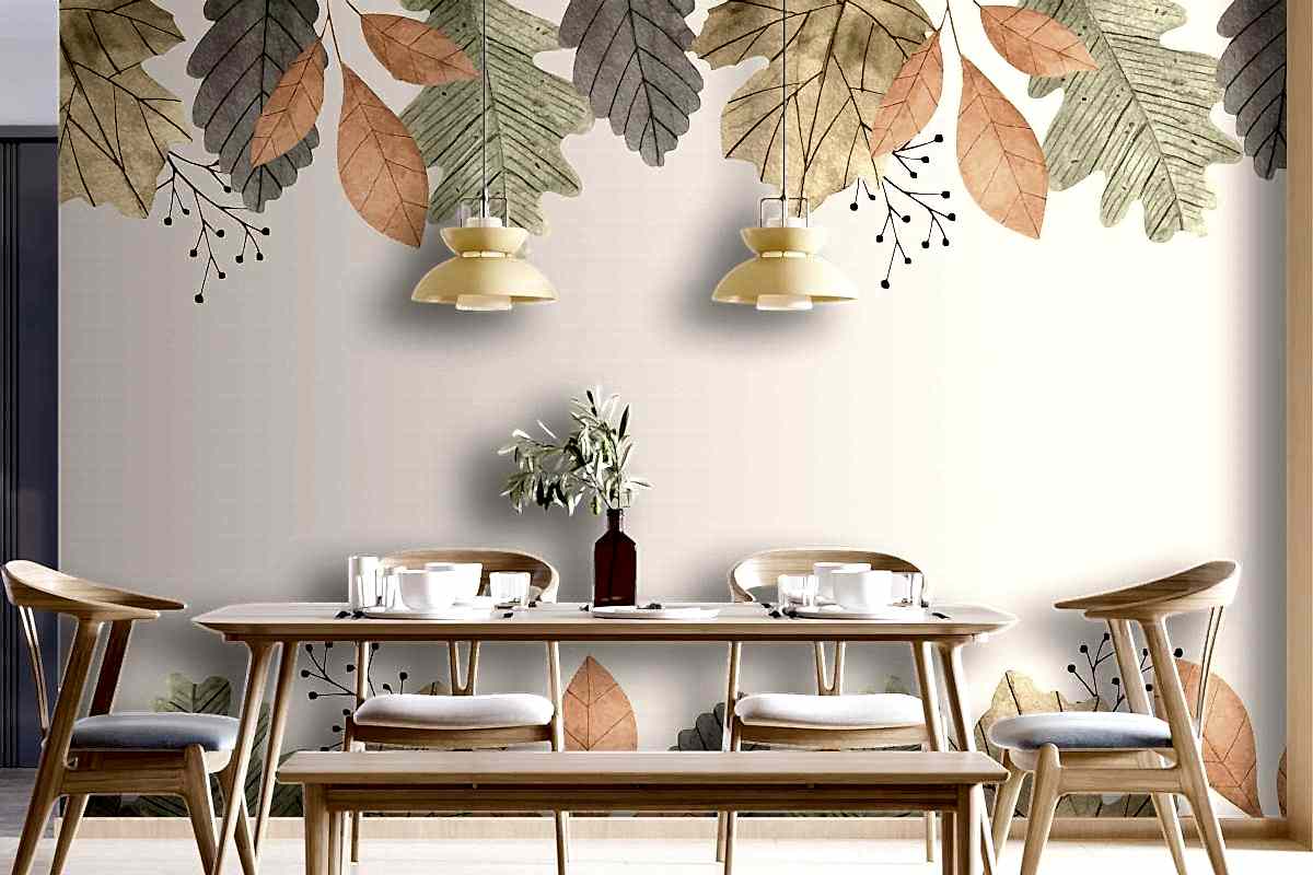 Suluboya Sonbahar Yaprakları Arka Plan Yemek Odası Duvar Kağıdı