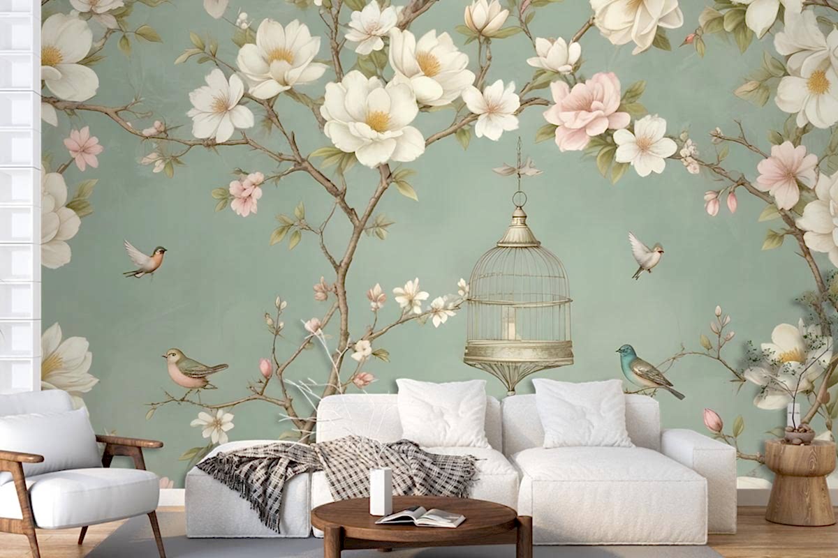 Dallar, Çiçekler Ve Kuşlar Ile İngiliz Country Tarzı Duvar Kağıdı