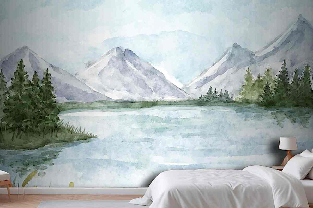 Suluboya Göl Manzarası Yatak Odası Duvar Kağıdı