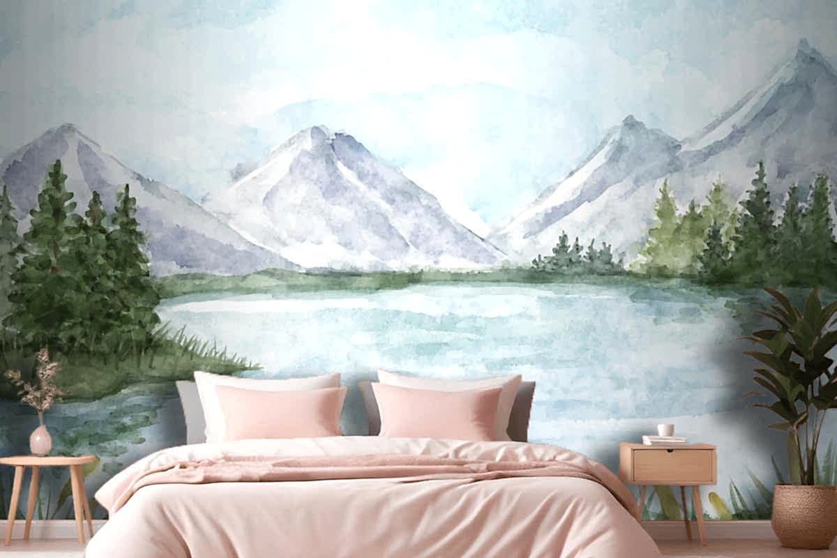 Suluboya Göl Manzarası Yatak Odası Duvar Kağıdı