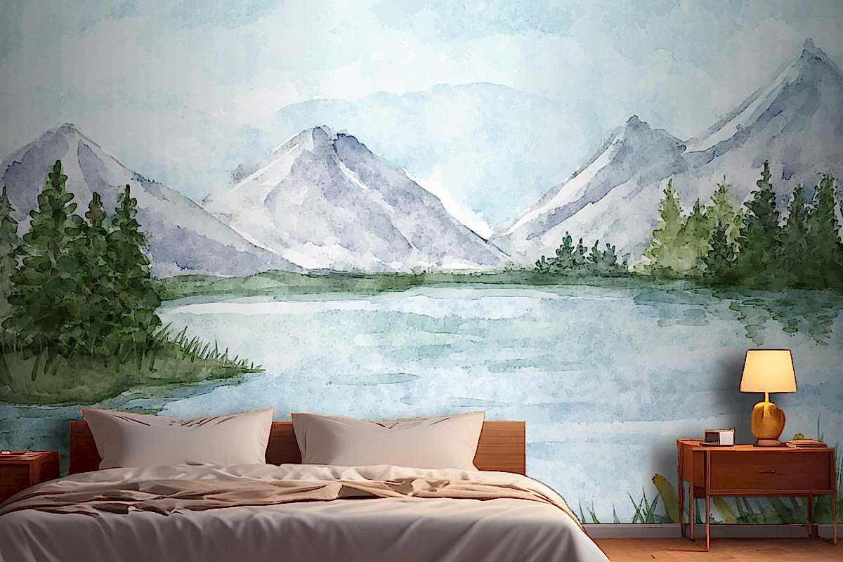 Suluboya Göl Manzarası Yatak Odası Duvar Kağıdı