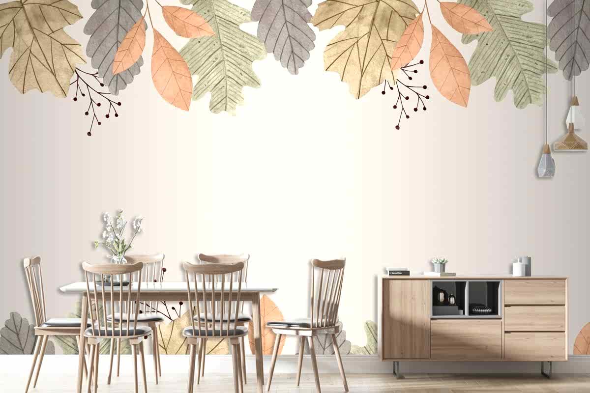 Suluboya Sonbahar Yaprakları Arka Plan Yemek Odası Duvar Kağıdı