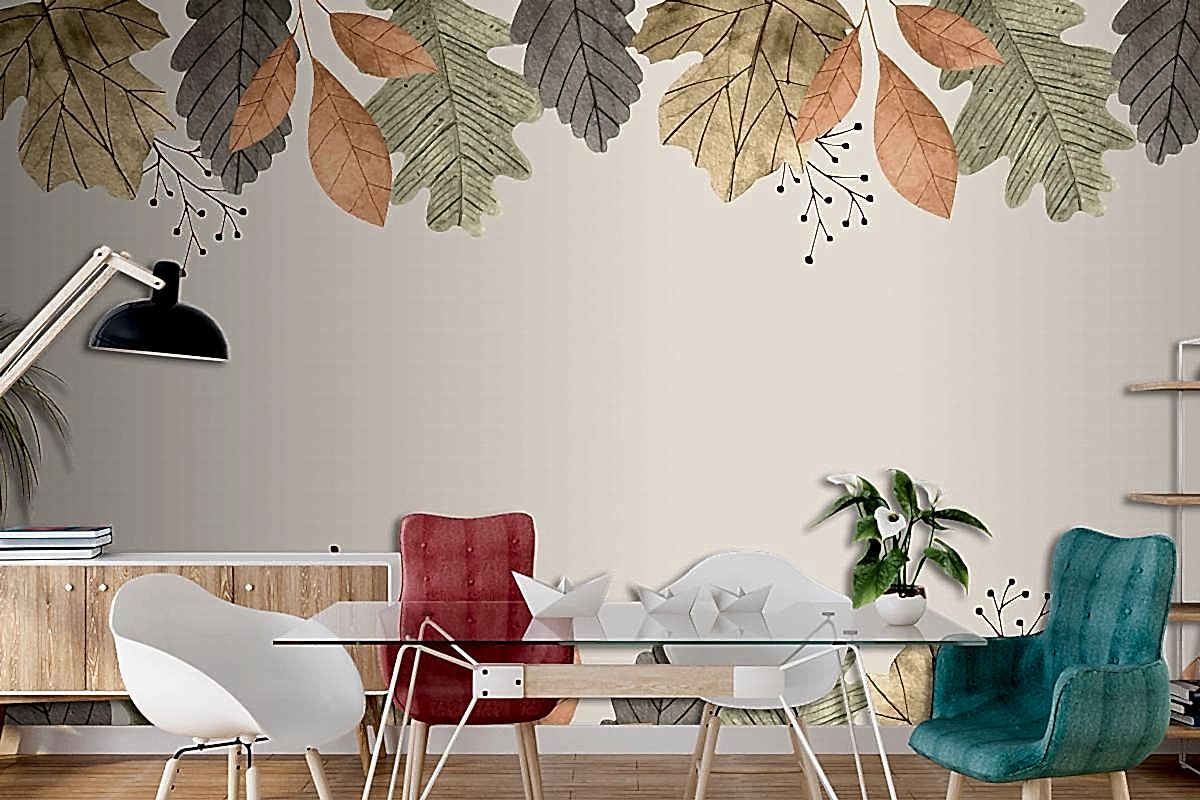 Suluboya Sonbahar Yaprakları Arka Plan Yemek Odası Duvar Kağıdı
