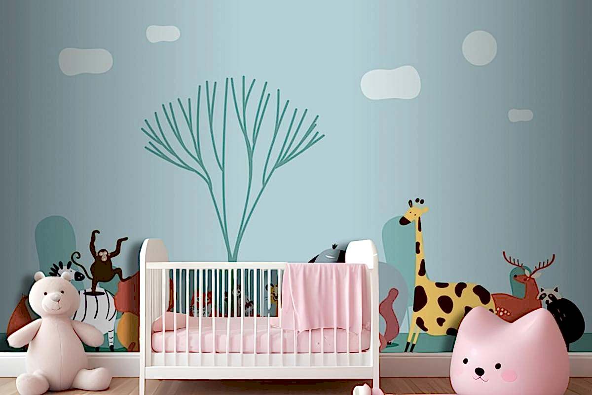 Vahşi Hayvanların Sevimli Grubu Çocuk Odası Duvar Kağıdı