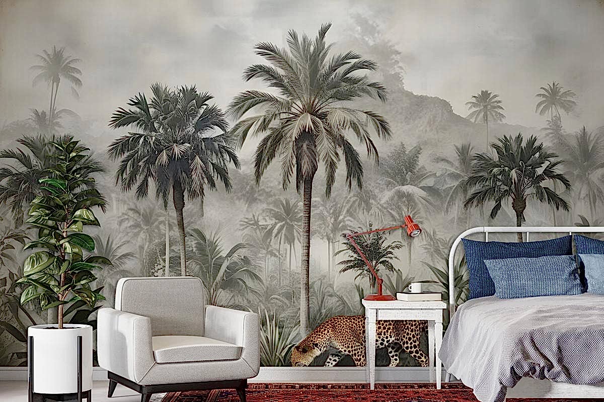 Vahşi Leopar Duvar Kağıdı  Ile Vintage Egzotik Manzara